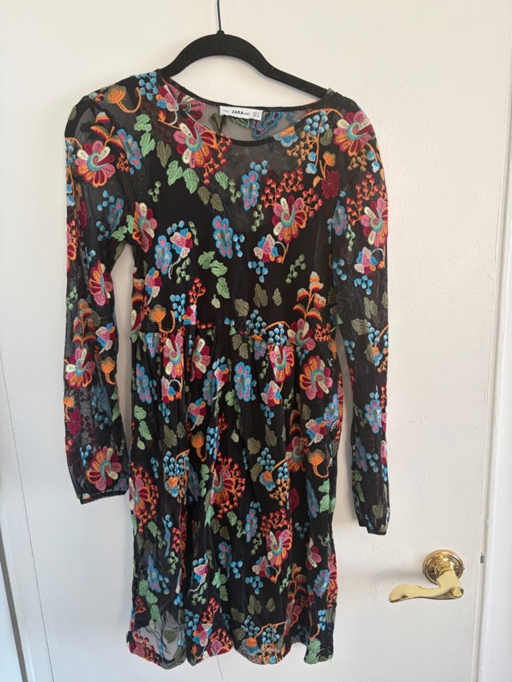 Zara Black Mini Dress with Multicolor Floral Embroidery